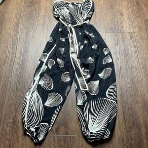 Tibi - Black & White Seashell Printed Strapless Silk Jumpsuit